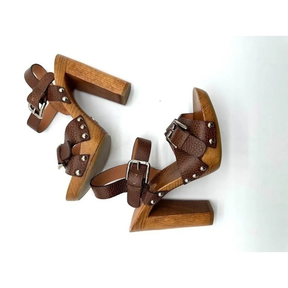 Dolce & Gabbana Wooden Platform Heels Sandals Brown Leather Italy 35.5 NEW DEFEC
